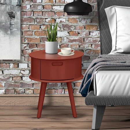 East West Furniture Gordon Round Night Stand End Table with Drawer - Burgundy GONE13